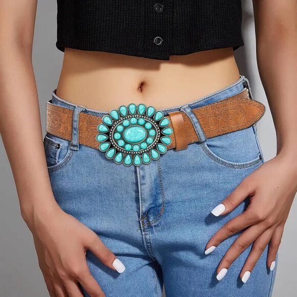 Women Western-Turquoise-Belt Embossed-PU-Leather-Cowgirl-Belt Applies-Jeans-Pant - Picture 2 of 9